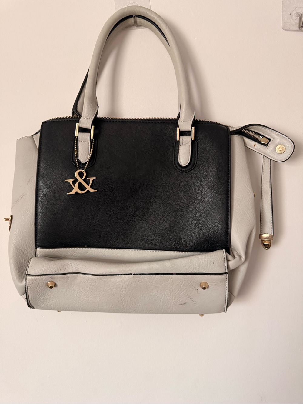 Two-Tone Black and Light Gray Women's Satchel with Gold Accent